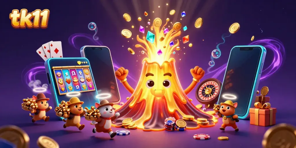 Experience thrilling gameplay with the golden volcano, coins, and slot machines in tk11