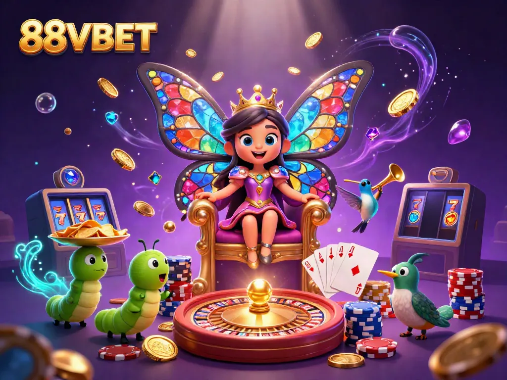 Experience the vibrant world of 88VBET with a dazzling butterfly queen in a rich casino scene.
