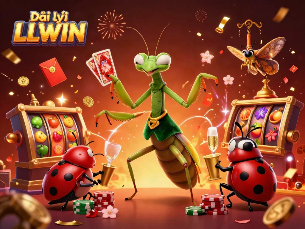 Engage in gaming strategies with Đại lý LLWIN featuring dynamic 3D casino elements and vibrant characters.