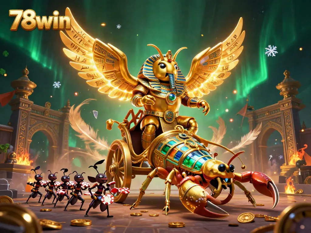 Engage in thrilling betting at 78win with a monumental golden scarab and scorpion warriors in a richly detailed arena.