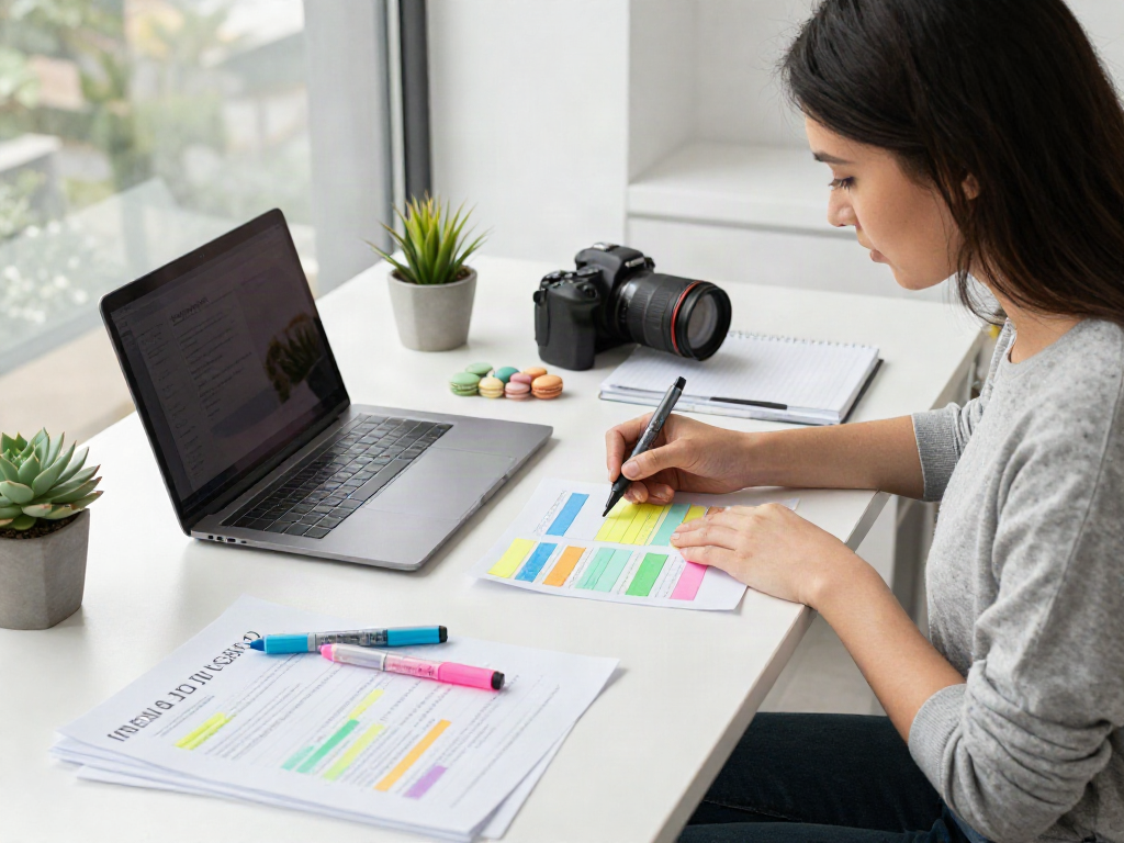 Highlighter manufacturer in a colorful office workspace with creative tools and vibrant highlighter pens.