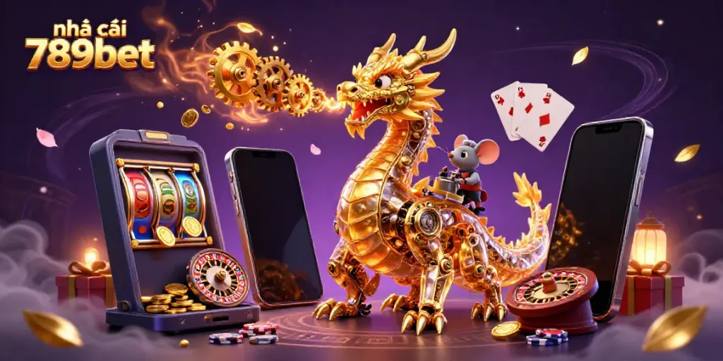 Dynamic scene of nhà cái 789bet showcasing a golden dragon and gaming elements exploding with excitement.