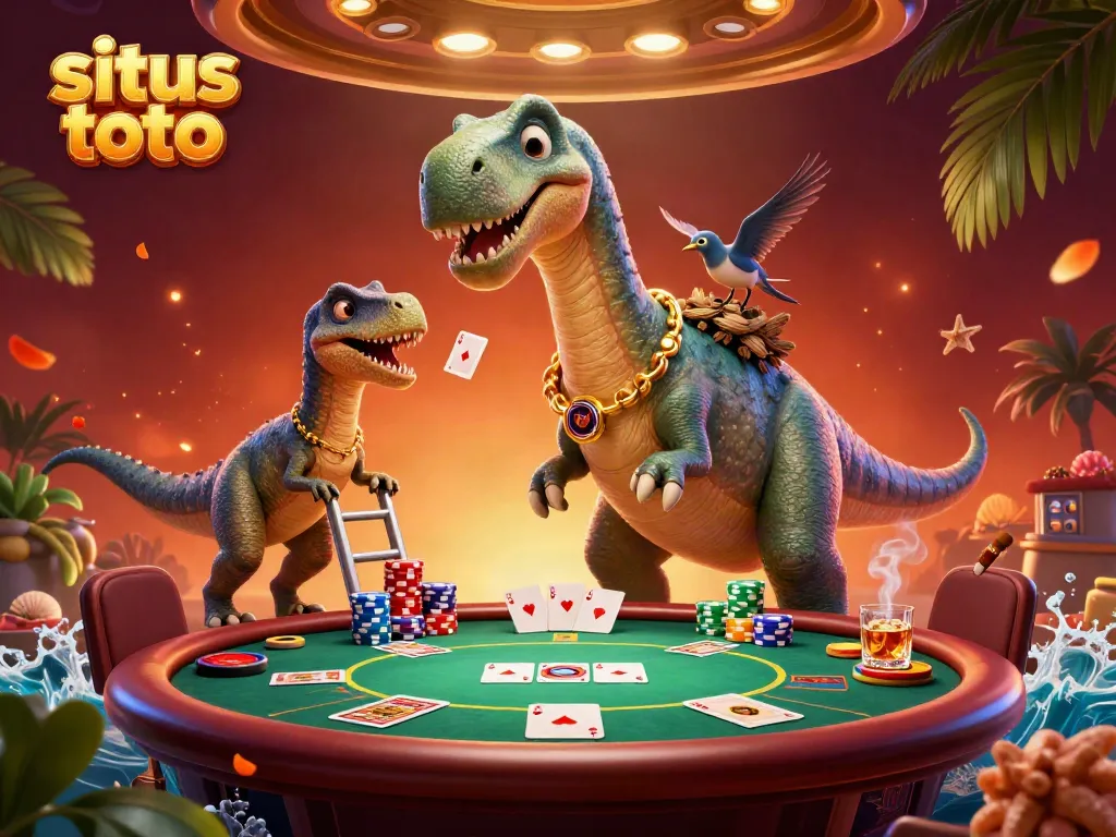 Engage with situs toto at an energetic 3D casino scene featuring a brontosaurus and raptor.