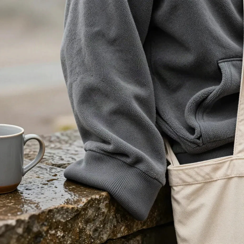 Brushed fleece hoodie curled on wet limestone with a mug and tote edge