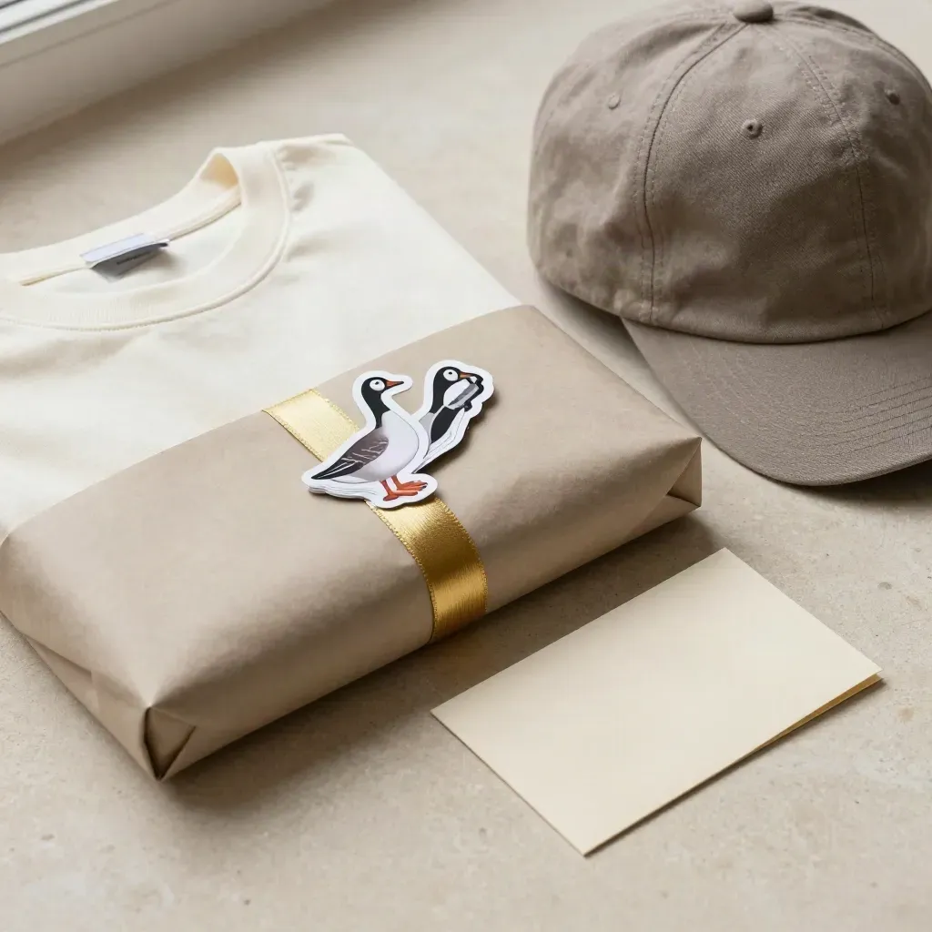 Gift bundle of tee, cap, and stickers on a wrapped parcel in soft window light.