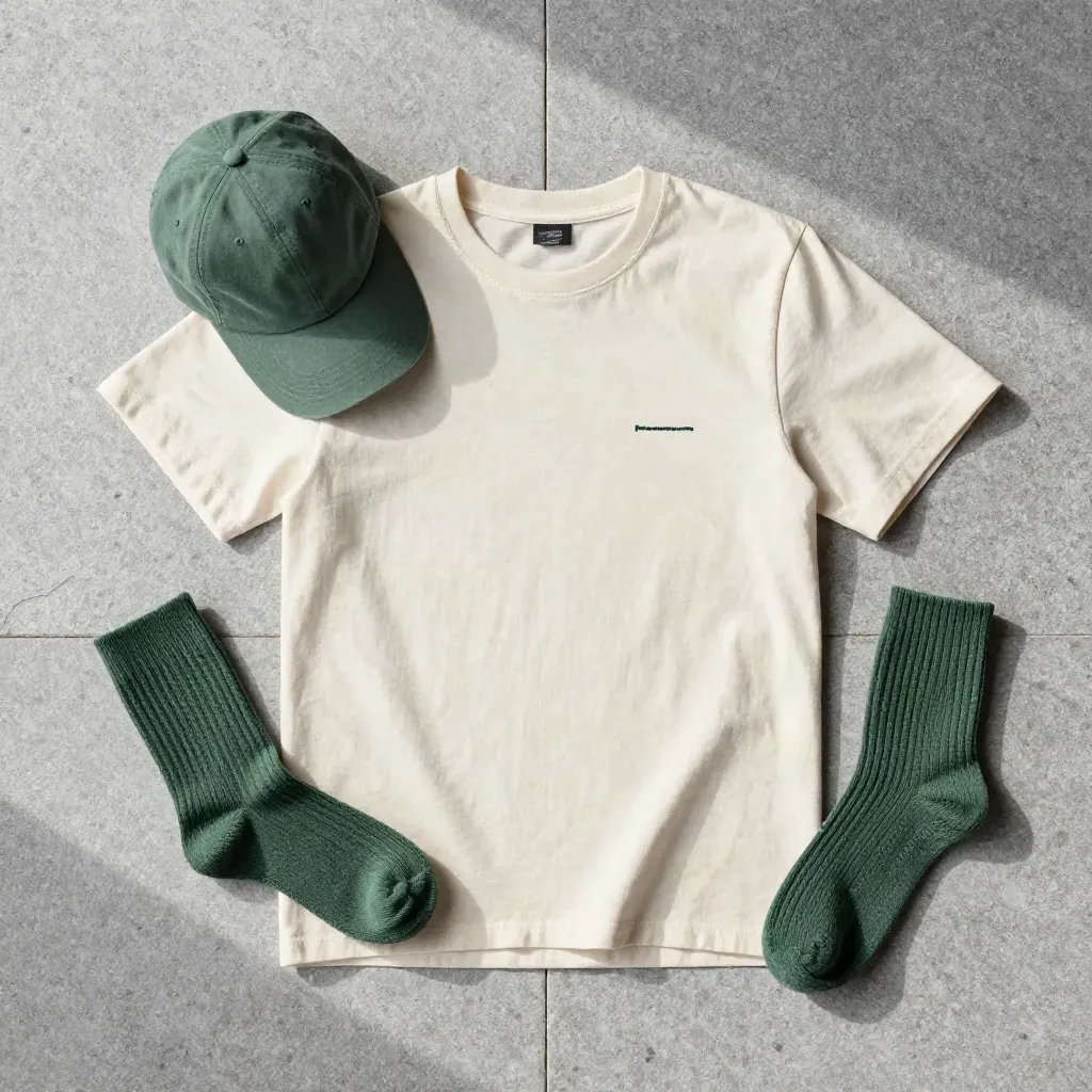 Overhead flatlay of a Forest Goose tee with cap and socks on pale stone in soft morning light