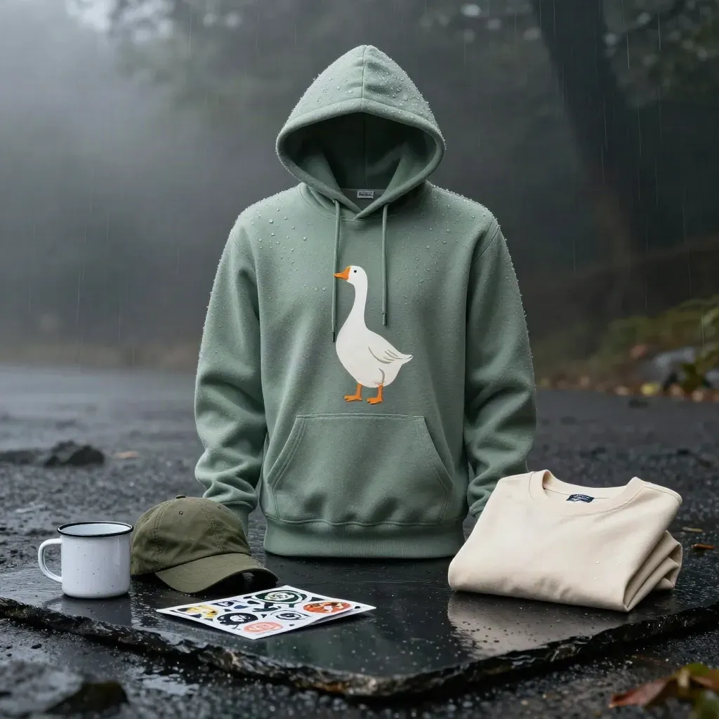 Goose hoodie hero with cap, tee, mug and stickers on wet stone in misty studio light