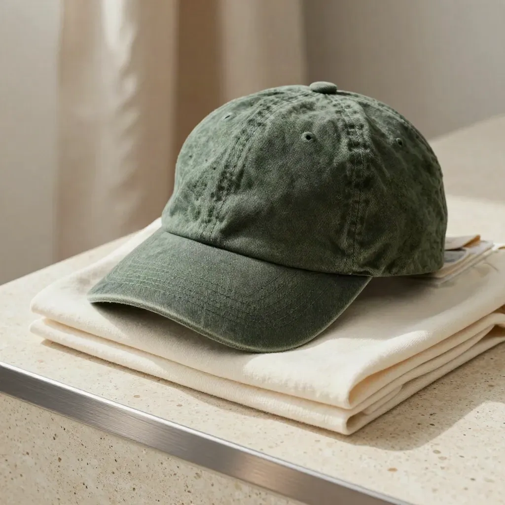 Moss green dad cap beside a folded cream tee and sticker sheet on pale travertine.