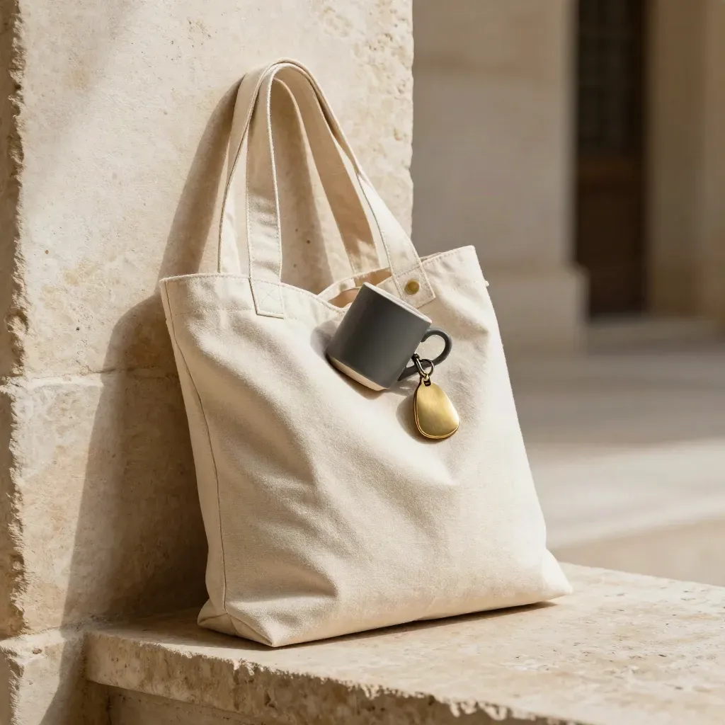 Canvas tote in a warm stone corner with tee, mug and brass keychain peeking out in sunlit dust