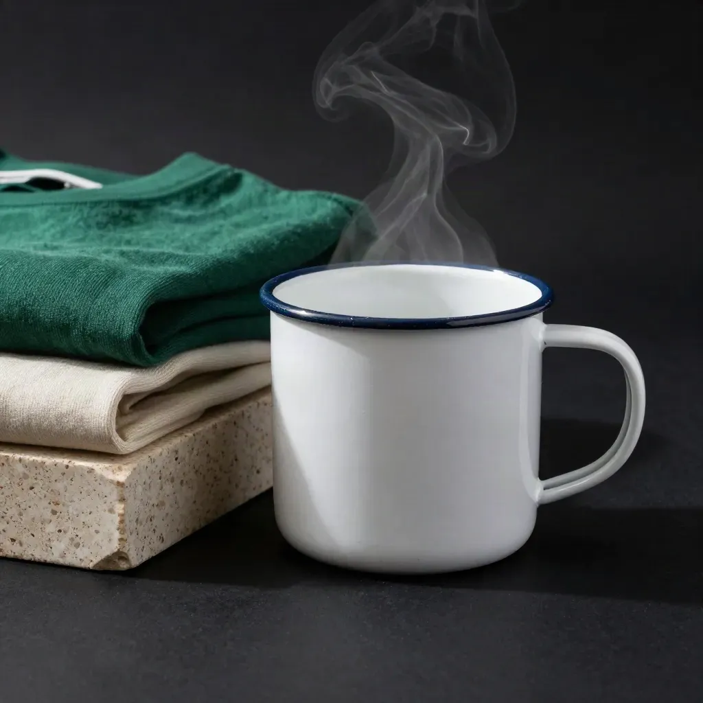 Matte enamel mug with steam, folded tee, and travertine blocks on a dark studio surface.