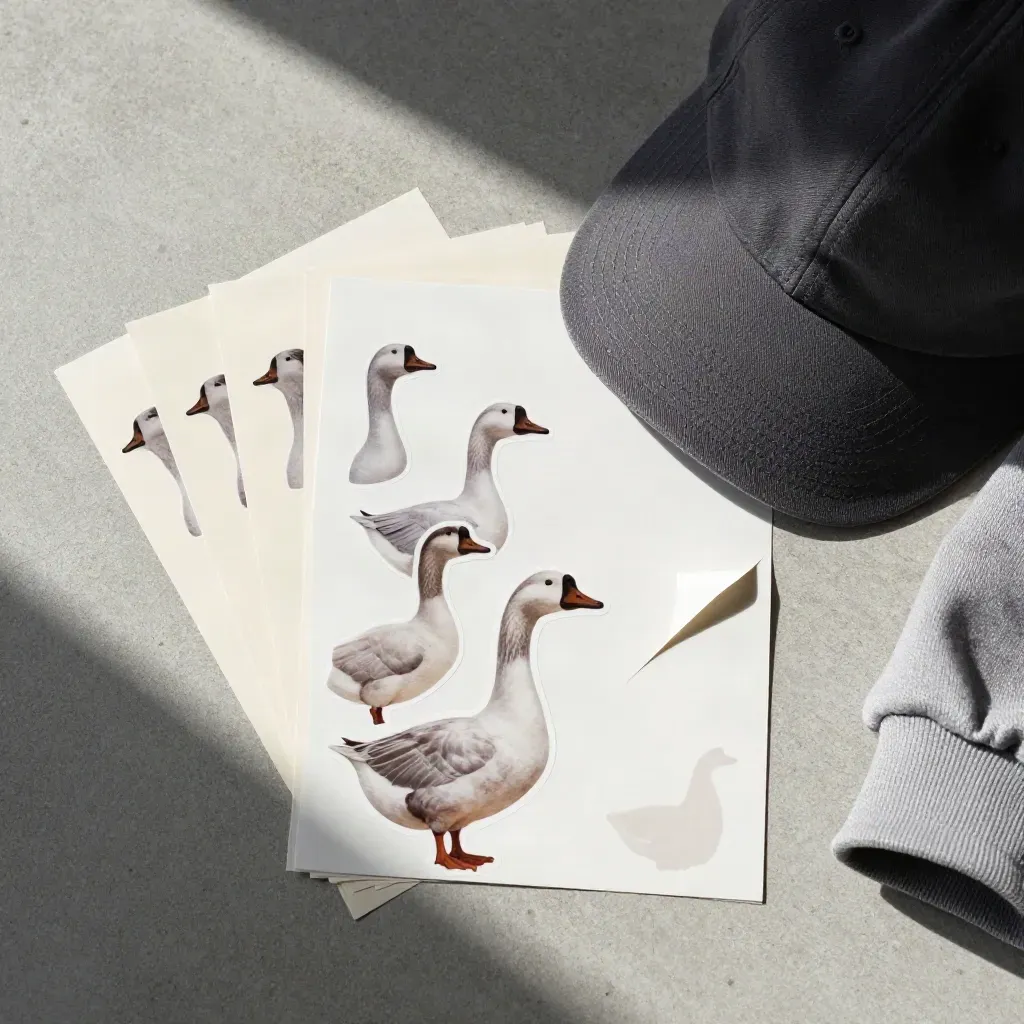 Overhead flatlay of glossy goose sticker sheets beside a cap brim and hoodie cuff on concrete.