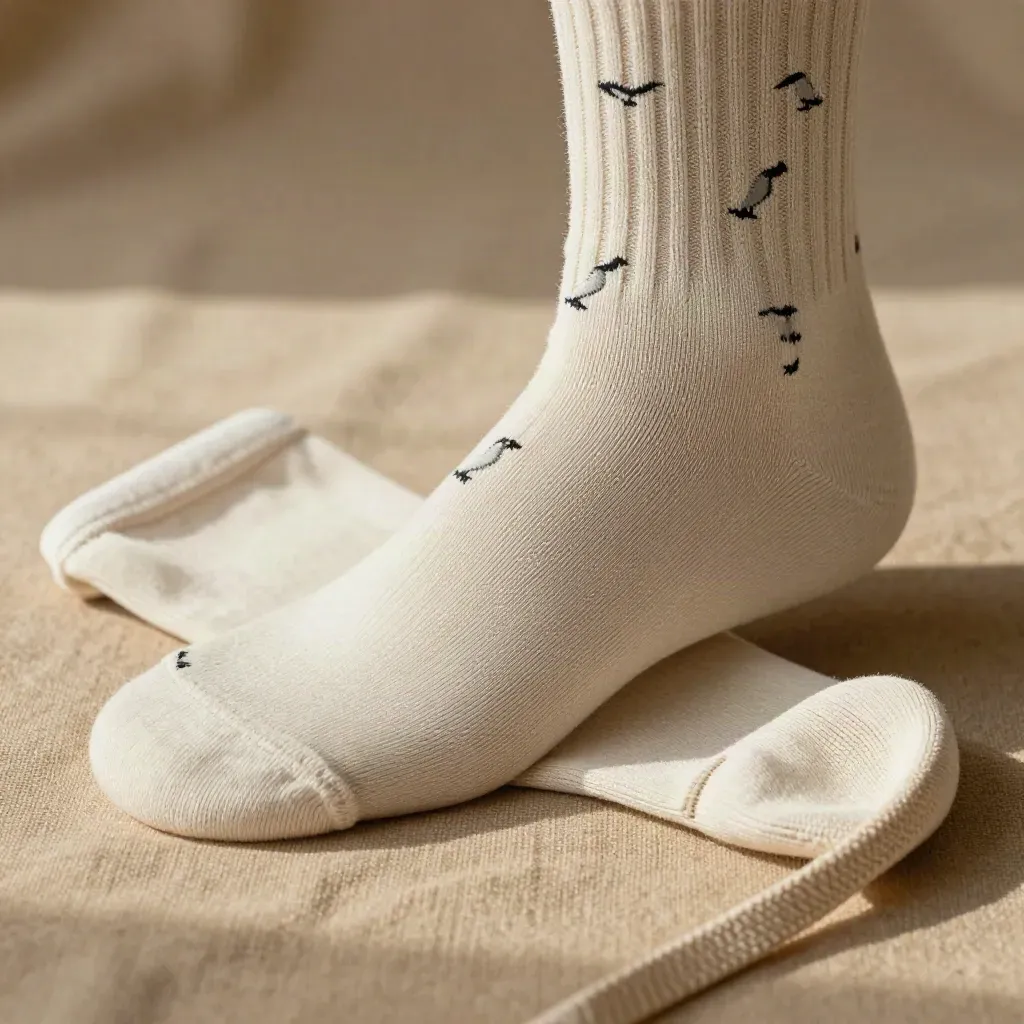 Macro of cream crew socks rolled in sand fabric beside a tee hem and cap strap.