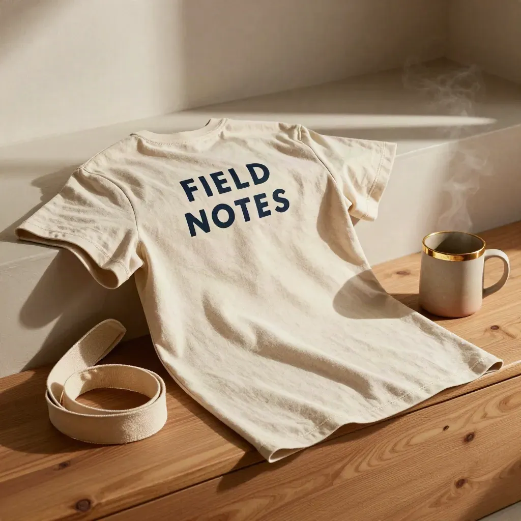 Washed tee draped on a wooden ledge with a mug and canvas strap in warm afternoon light.