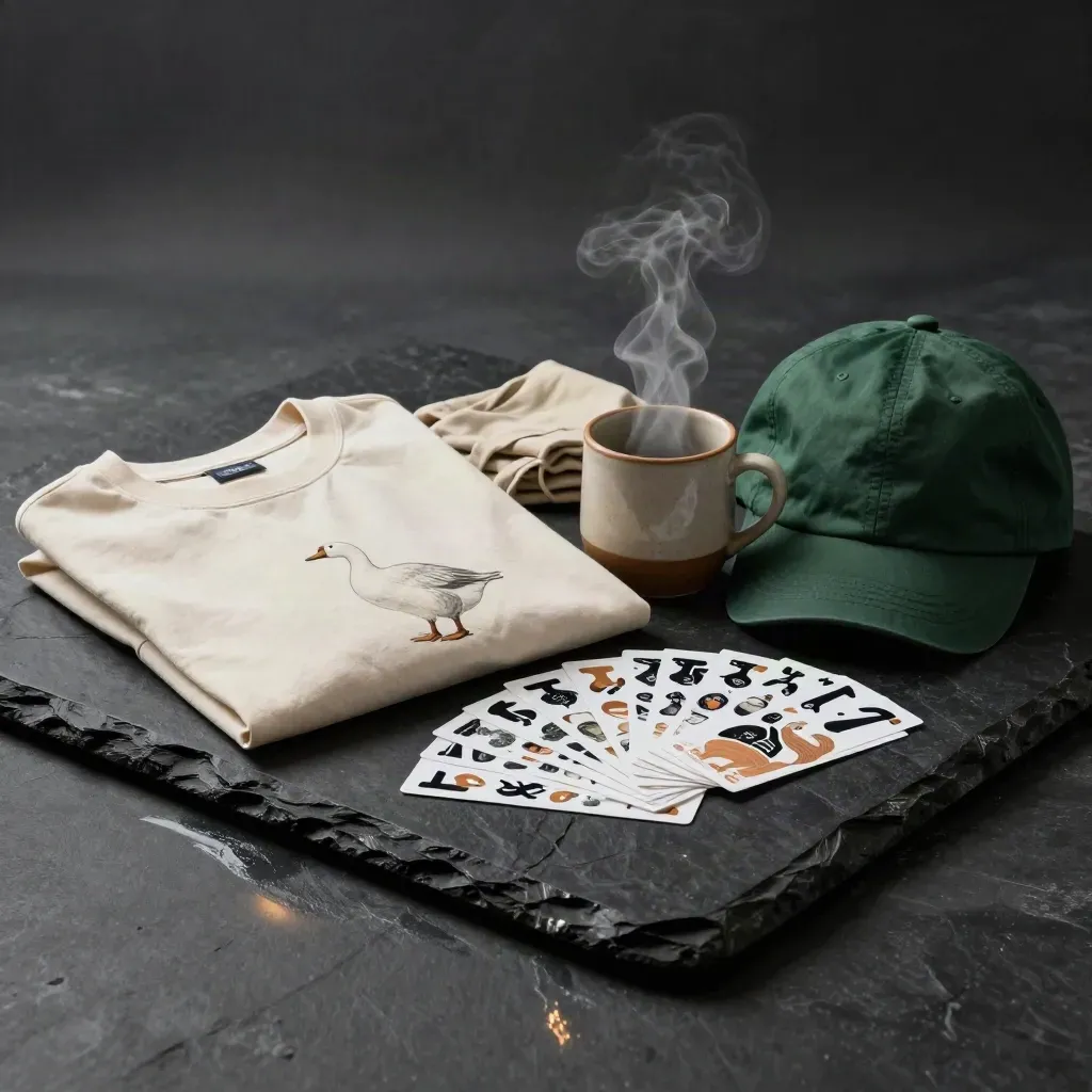 Weekend Goose bundle with tee, cap, mug and sticker sheets on a matte-black studio slab.