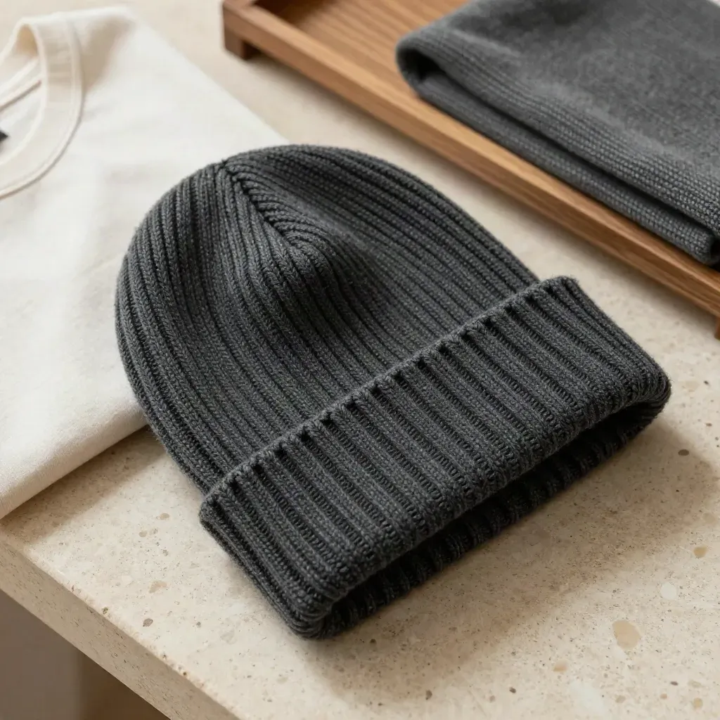Charcoal rib-knit beanie folded beside a cream tee on pale travertine with soft studio light