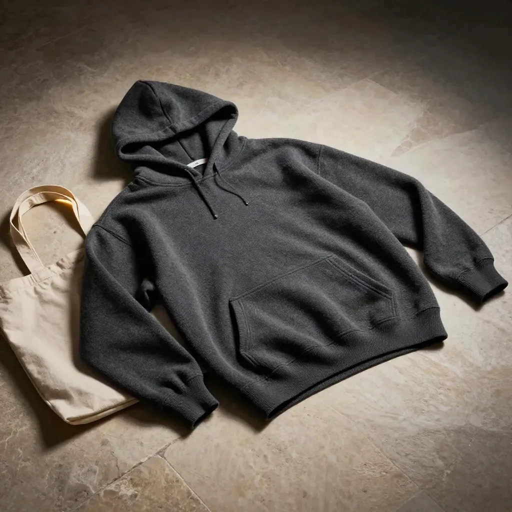 Heavyweight hoodie and folded tote on pale stone with dramatic rim light.