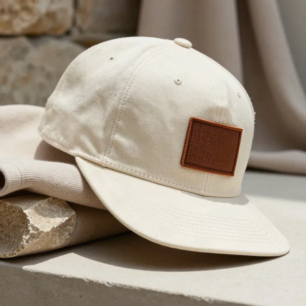 Close-up cream cotton twill hat leaning by a folded hoodie sleeve and stone chip.