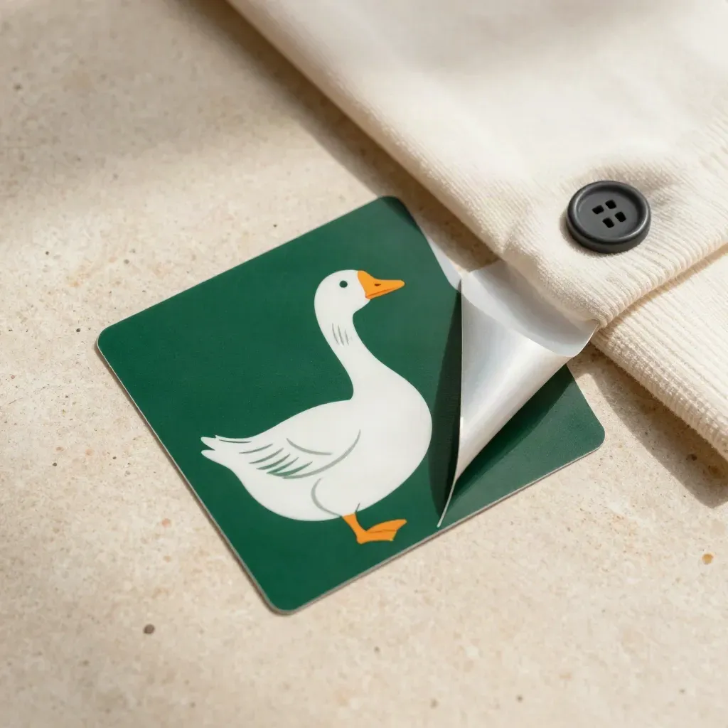 Overhead macro of a green goose sticker peel beside a cap button and tee cuff
