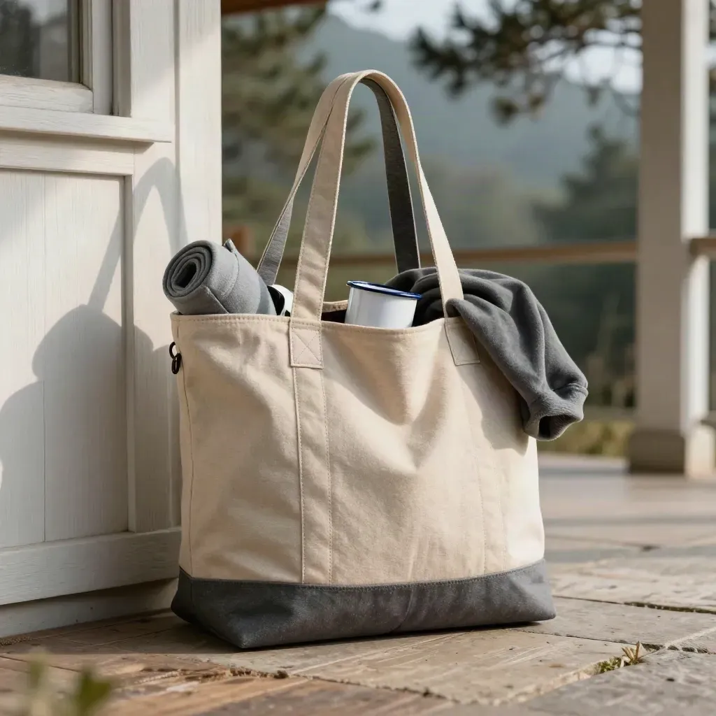 Open canvas tote with rolled hoodie and enamel mug on a stone cabin porch in soft daylight.