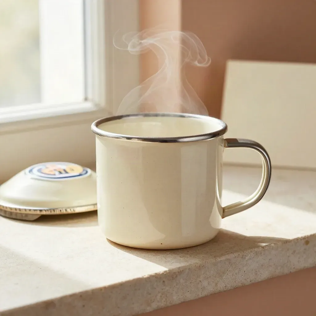 Cream enamel mug with steam, cap and sticker pack on a pale stone ledge.