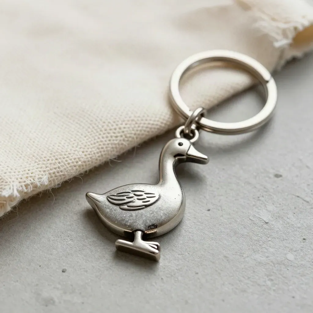 Macro zinc alloy goose keychain on stone with open ring, canvas edge, and a bright glint.