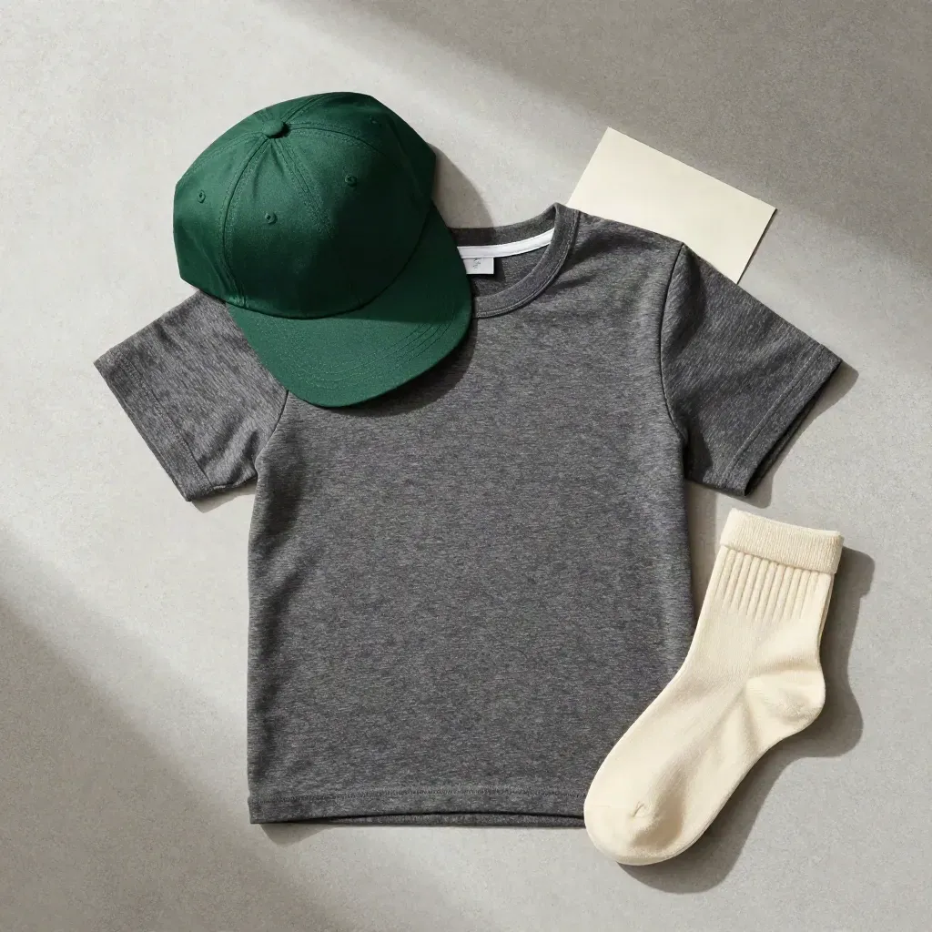 Folded youth tee with cap brim and socks in a clean overhead flatlay.