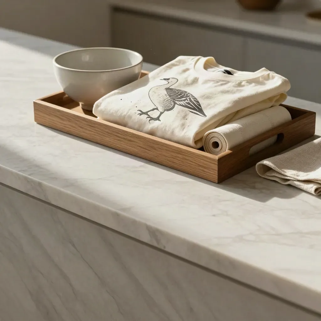 Sunlit marble counter with oak tray, ceramic bowl, and folded cream graphic tees in dawn light.