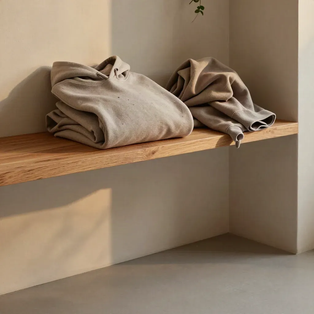 Sunlit plaster nook with folded hoodies on oak shelves and calm copy space.