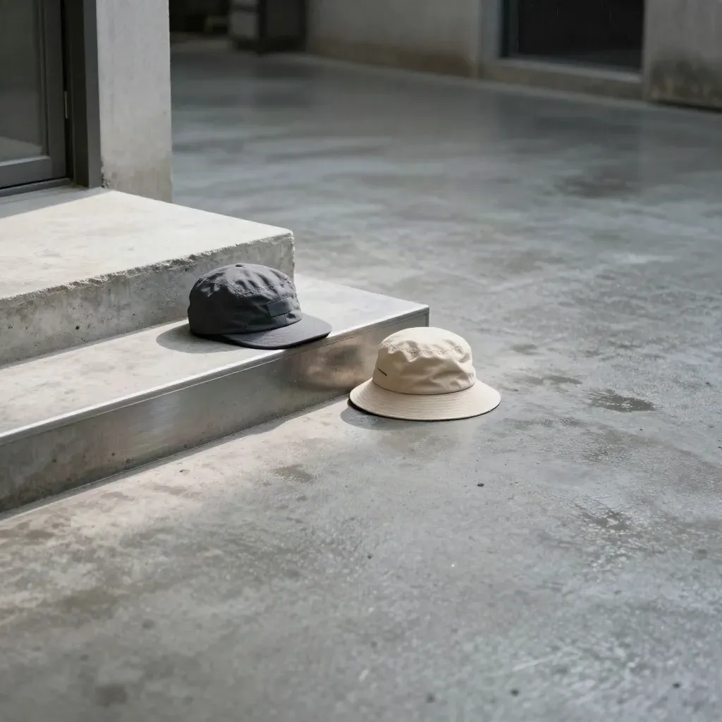 Concrete courtyard with three caps and hats on pale steps in hard sunlight.
