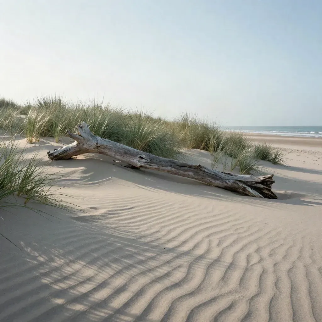Wind-swept sand dune terrace with driftwood, grasses, and soft coastal haze at dusk.