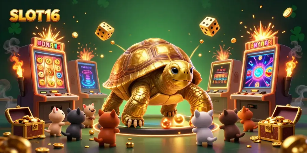 SLOT16 showcases a dynamic casino scene with a golden tortoise pinball machine, slot machines, and vibrant gaming elements.