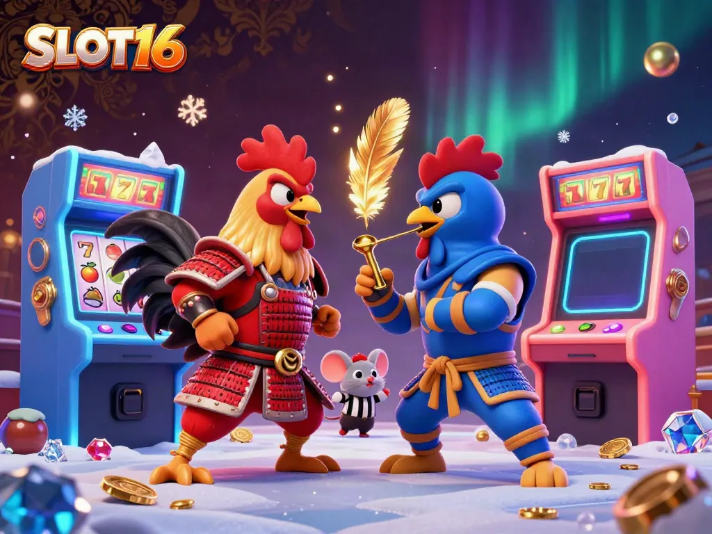 SLOT16 showcases a dramatic duel between cartoon roosters in a vibrant casino setting, featuring slot reels and colorful game elements.