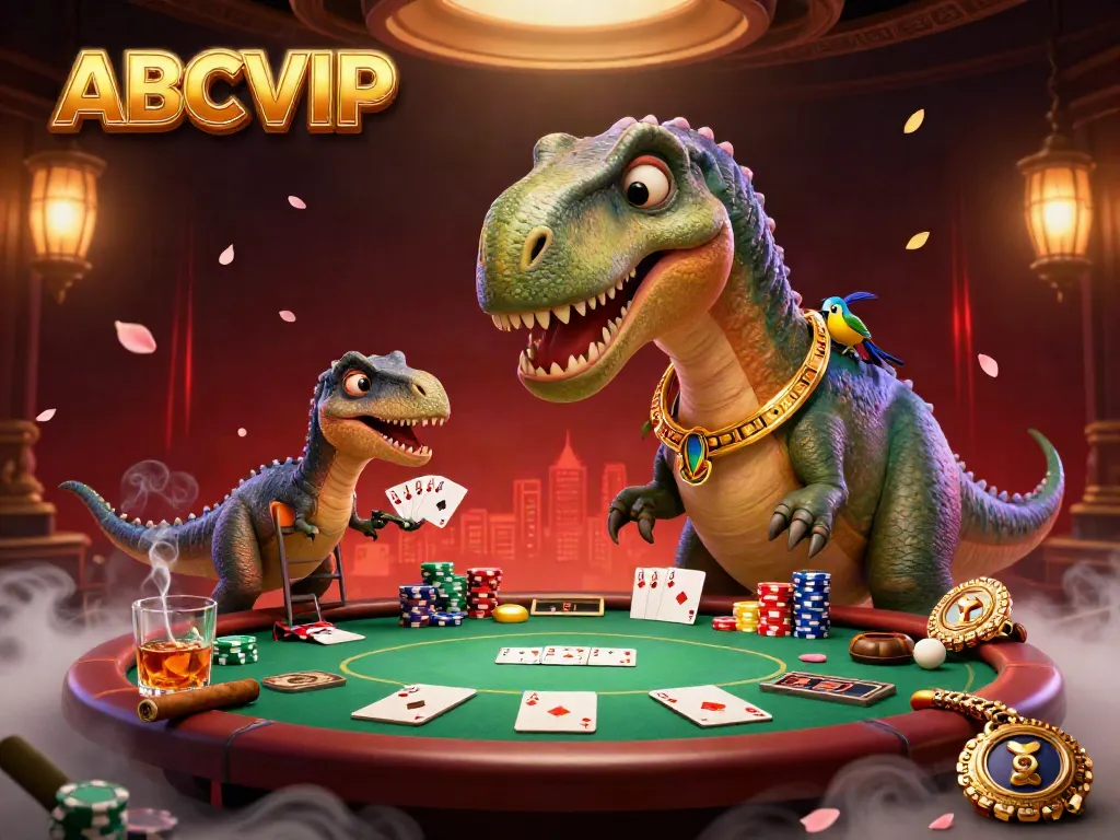 Engage in thrilling poker action with ABCVIP as a gigantic dinosaur peers down onto a festive casino scene.