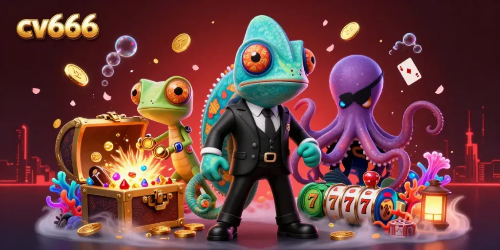 Engage with the cv666 gaming experience featuring vibrant 3D illustrations and dynamic casino elements.