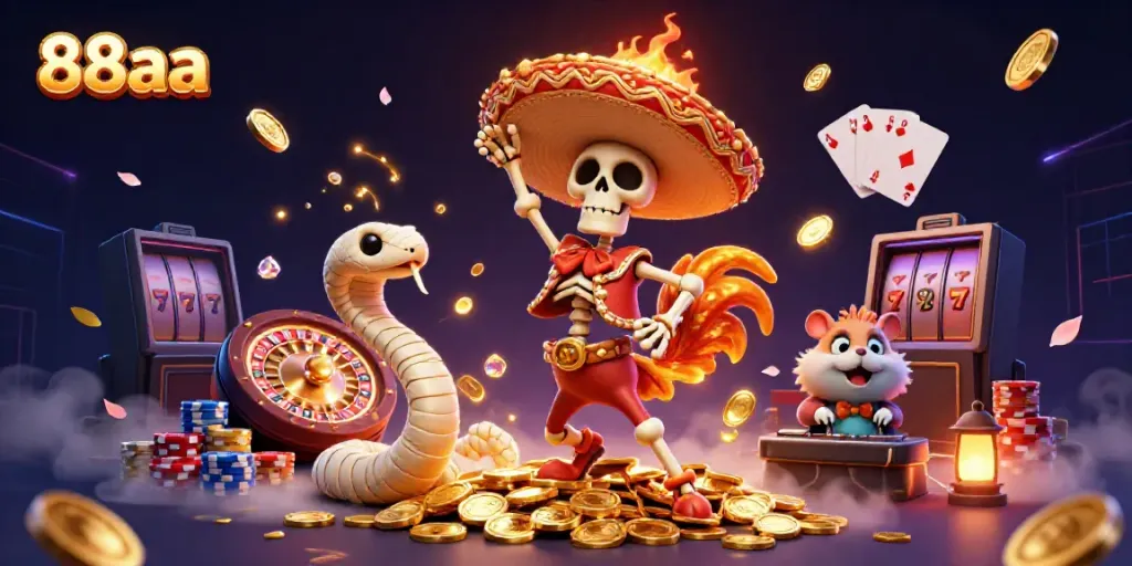 Experience wins at 88aa with vibrant casino characters celebrating jackpot moments amidst shimmering coins.