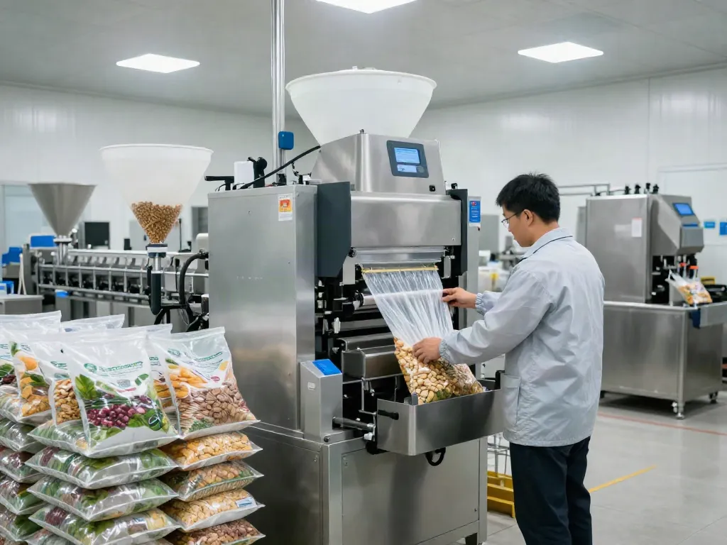 Open mouth bag filling machine efficiently packaging agricultural products in a modern facility
