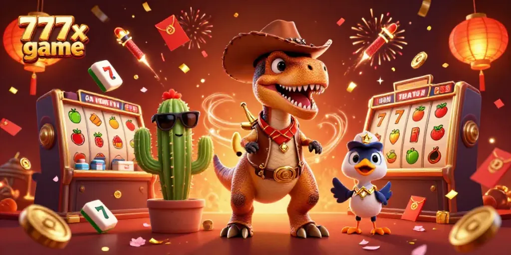Engage in the vibrant 777x game world featuring a T-Rex cowboy and dazzling casino elements.