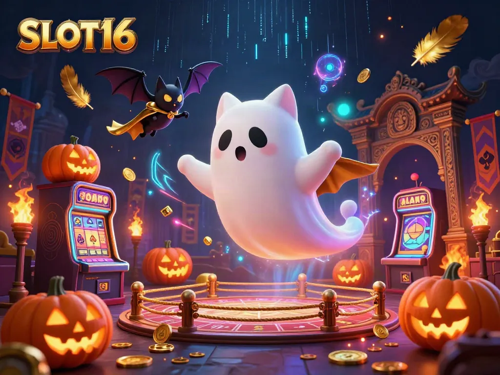 SLOT16 features a friendly ghost cat and a vampire bat in a haunted casino scene with glowing symbols and dynamic elements.
