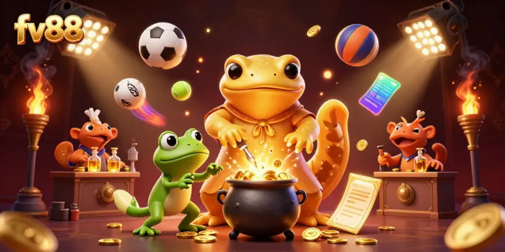 Engage in thrilling bets with fv88 as a golden salamander alchemist creates riches in an enchanting scene.