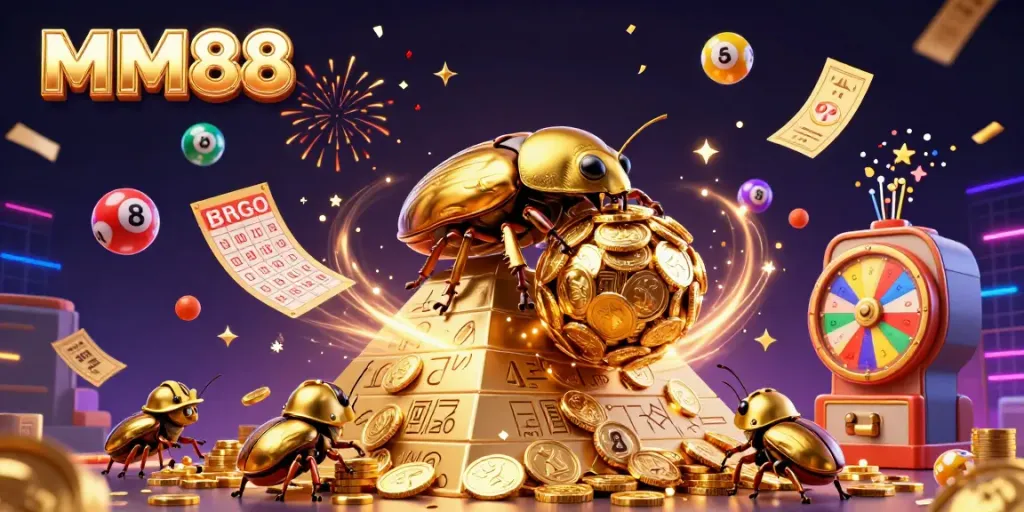 Engage with MM88 through a vivid illustration of a golden dung beetle and dynamic casino elements.