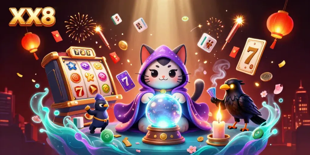 Experience thrilling XX8 casino action with vibrant slot reels and mystical elements.
