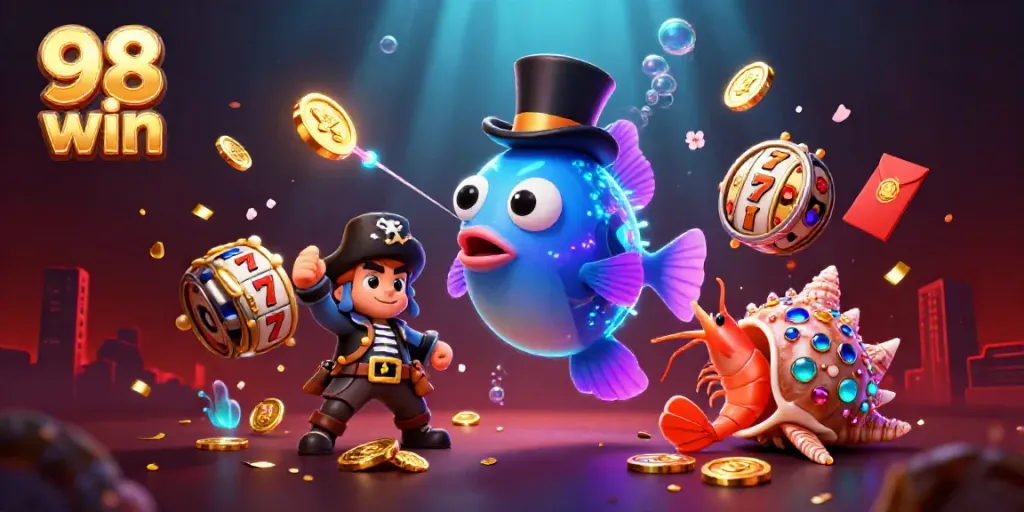 Engage with exciting games at 98 win, where cartoon characters attract treasures in a vibrant casino scene.