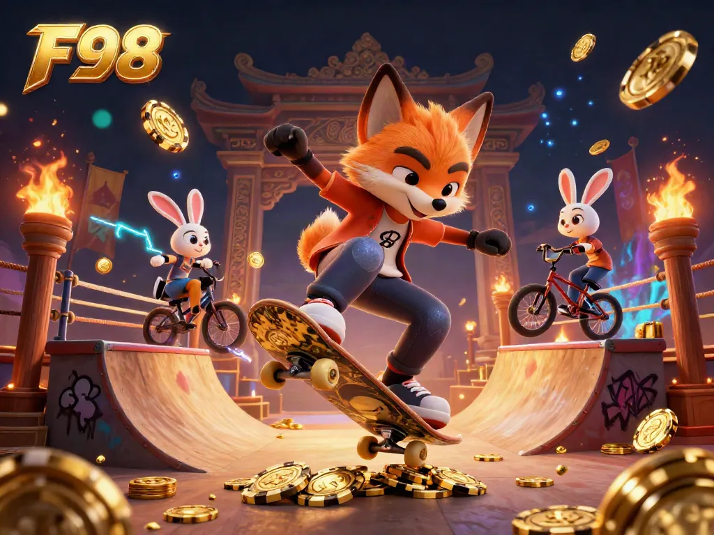 Experience the thrill of F98 with a daring skateboarder fox performing tricks in a dynamic casino scene.