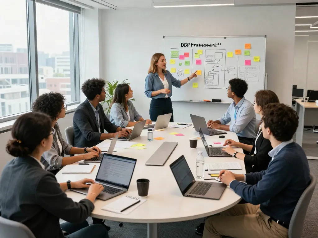 Leadership training for organizations in a collaborative workshop with diverse professionals engaged and brainstorming ideas.