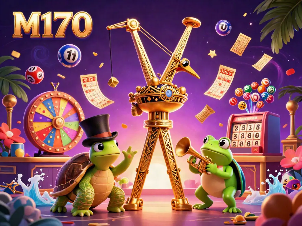 Engage in thrilling M170 lottery action with colorful balls and lively casino characters.