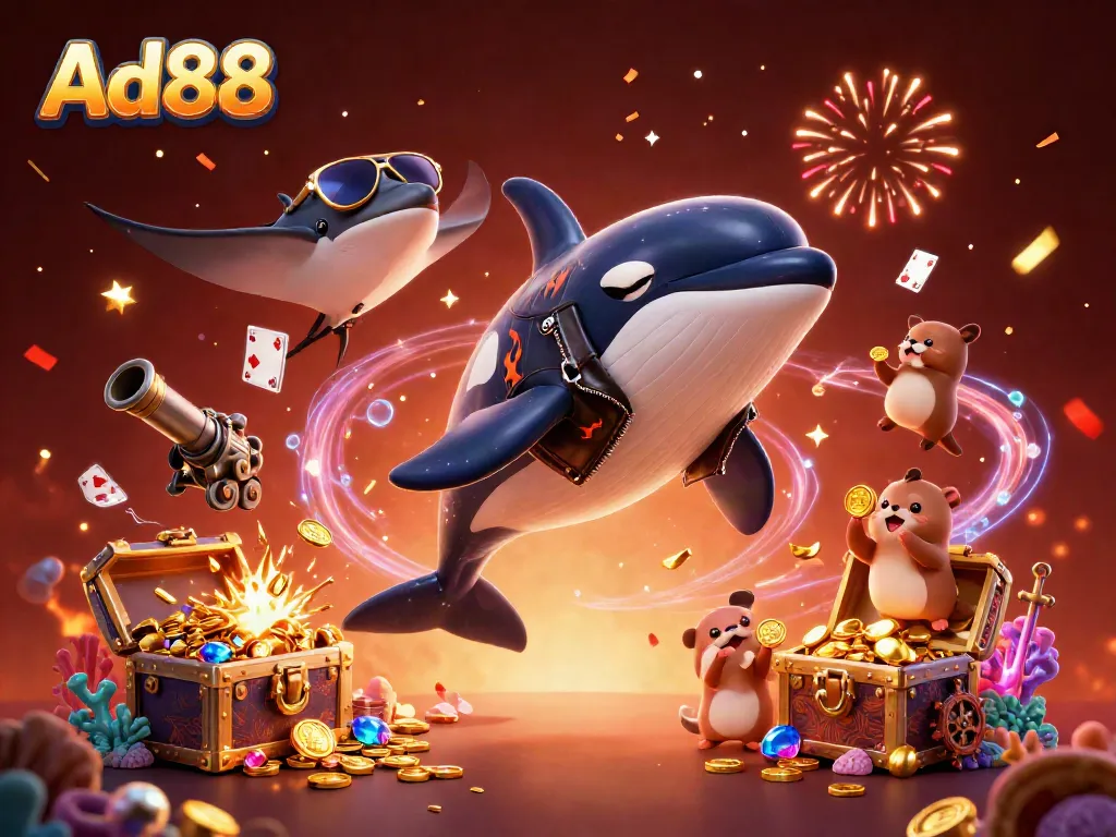 Engage in thrilling gaming adventures with Ad88 featuring an orca, stingray, and sea otters amidst vibrant underwater scenes.
