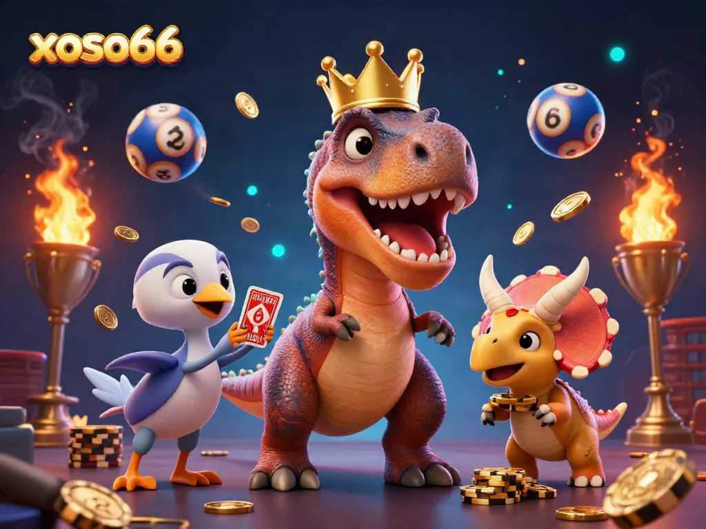 Engage with XOSO66’s vibrant gambling scene featuring a T-Rex shuffling cards and dynamic lottery elements.