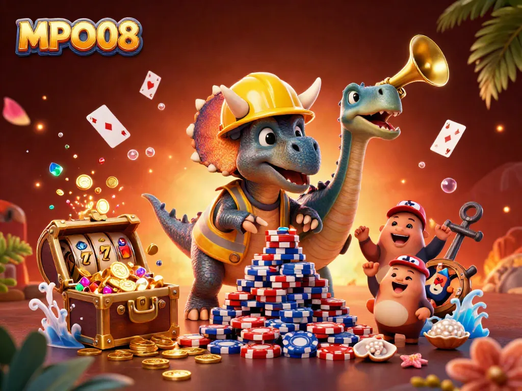MPO08 game scene with a cheerful triceratops building a poker chip pyramid amidst underwater treasures.