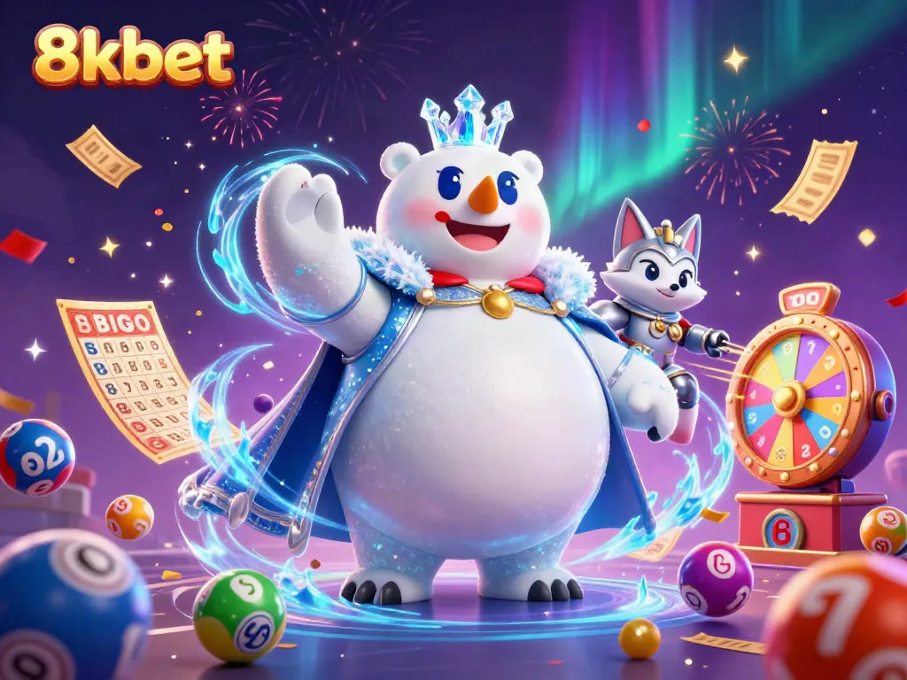 Experience exhilarating gaming moments with 8xbet, as colorful lottery balls and dynamic gaming elements surround the Ice King.