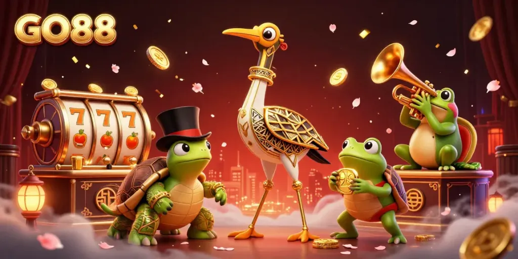 Engage with GO88's vibrant 3D illustration showcasing cartoon characters amid slot gaming elements.